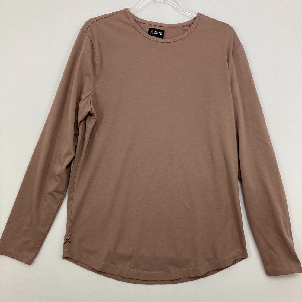 CUTS Taupe Tan Curve Hem Crew Neck Signature Fit Stretch Shirt Mens Large - Picture 1 of 9
